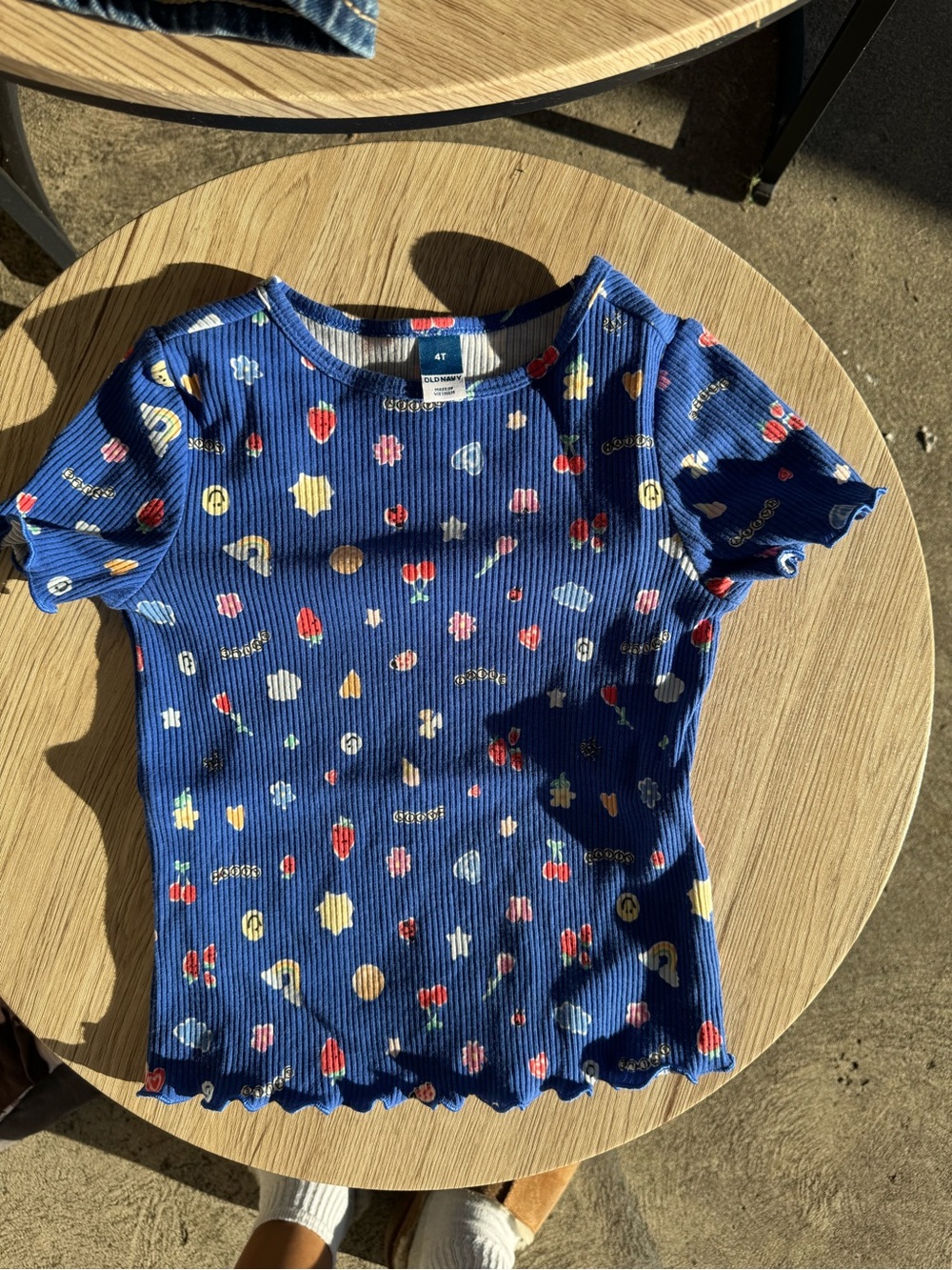 Old Navy Blue Ribbed Short-Sleeve Tee with Multicolor Shapes